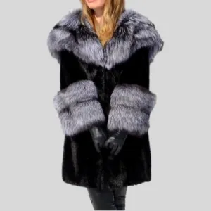 Genuine Mink Fur With  Silver Fox Fur Hood Collar and Fox Sleeved Coat