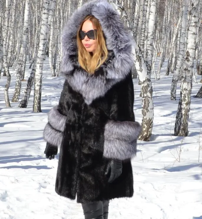 Genuine Mink Fur With  Silver Fox Fur Hood Collar and Fox Sleeved Coat