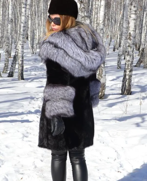 Genuine Mink Fur With  Silver Fox Fur Hood Collar and Fox Sleeved Coat