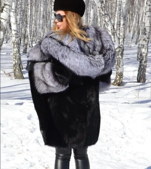 Genuine Mink Fur With  Silver Fox Fur Hood Collar and Fox Sleeved Coat