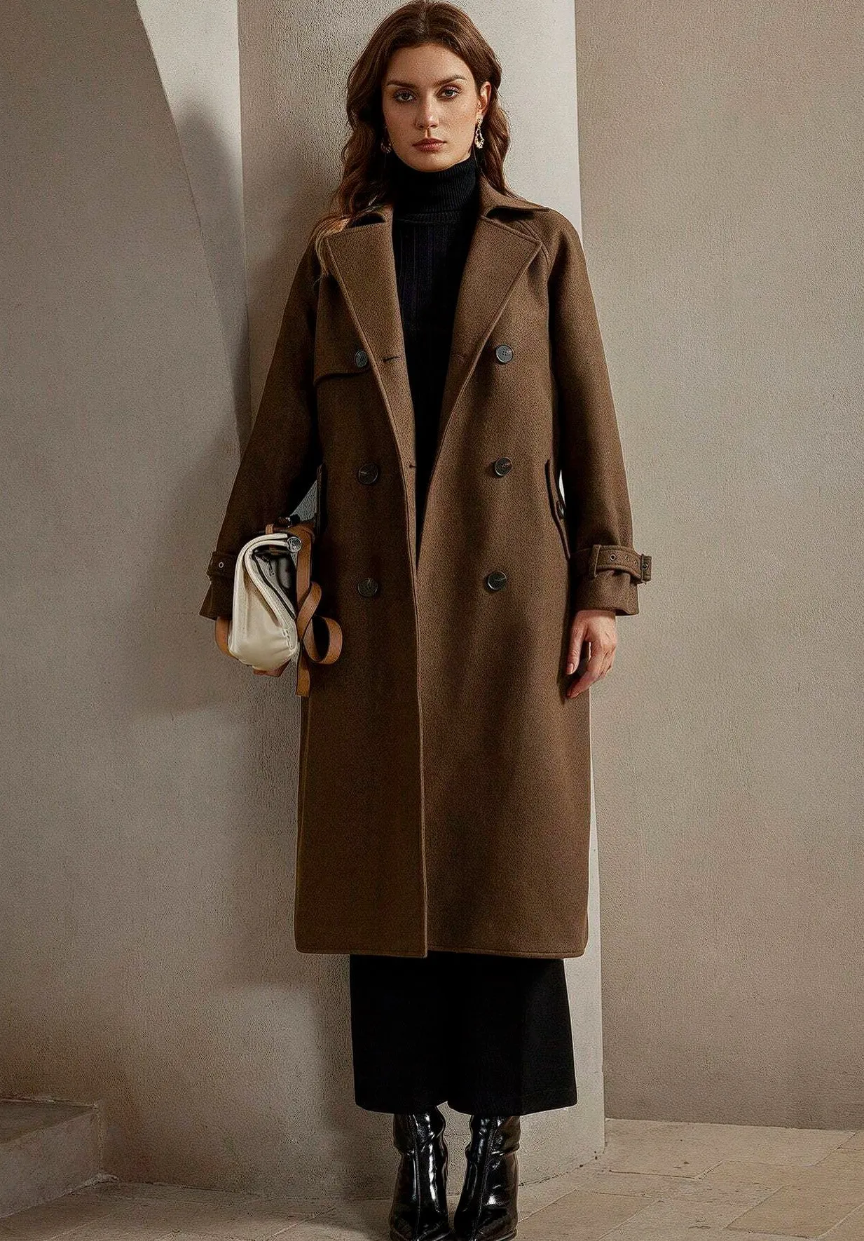 Gia Double Breast Felt Coat in Coffee Brown