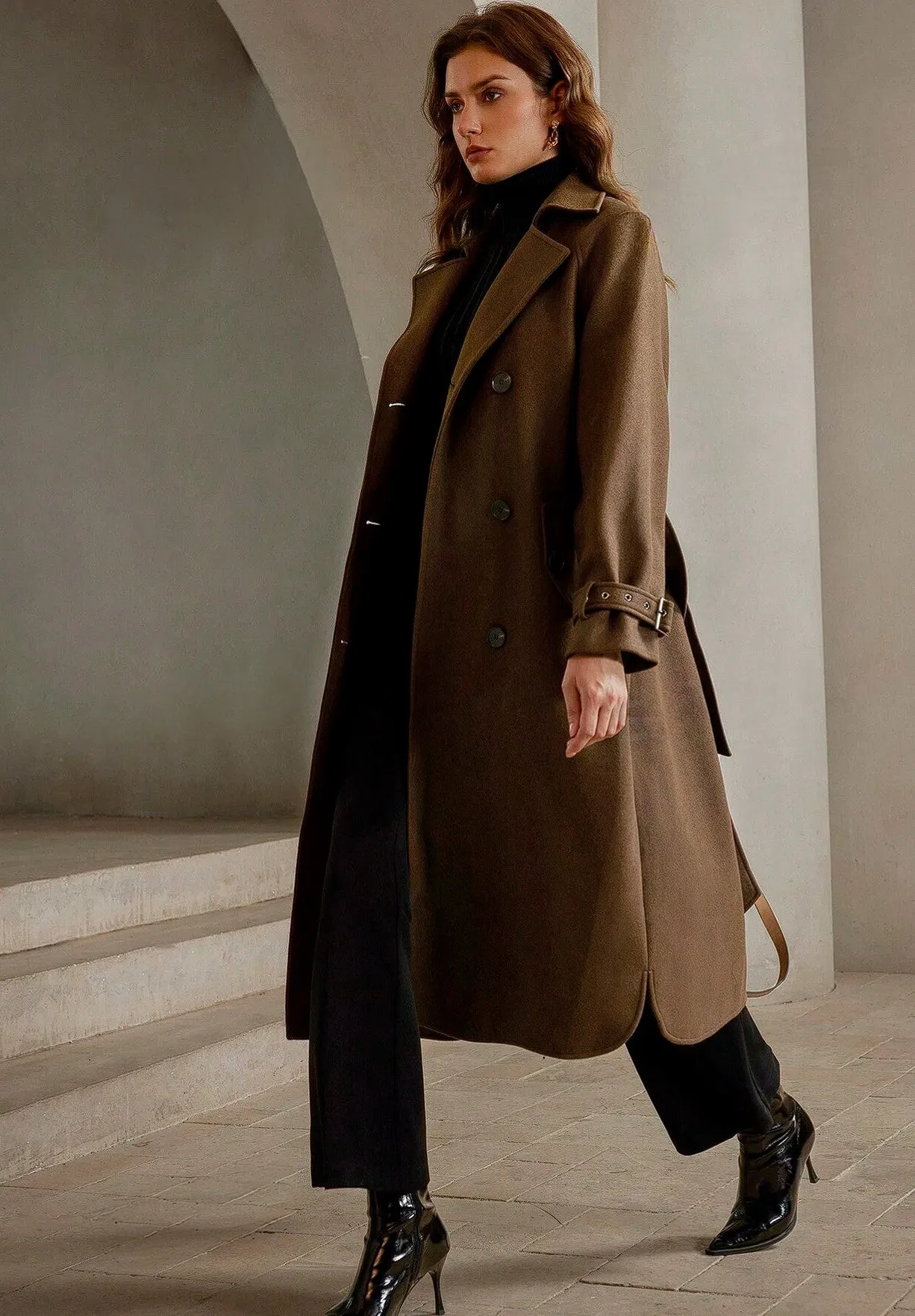 Gia Double Breast Felt Coat in Coffee Brown