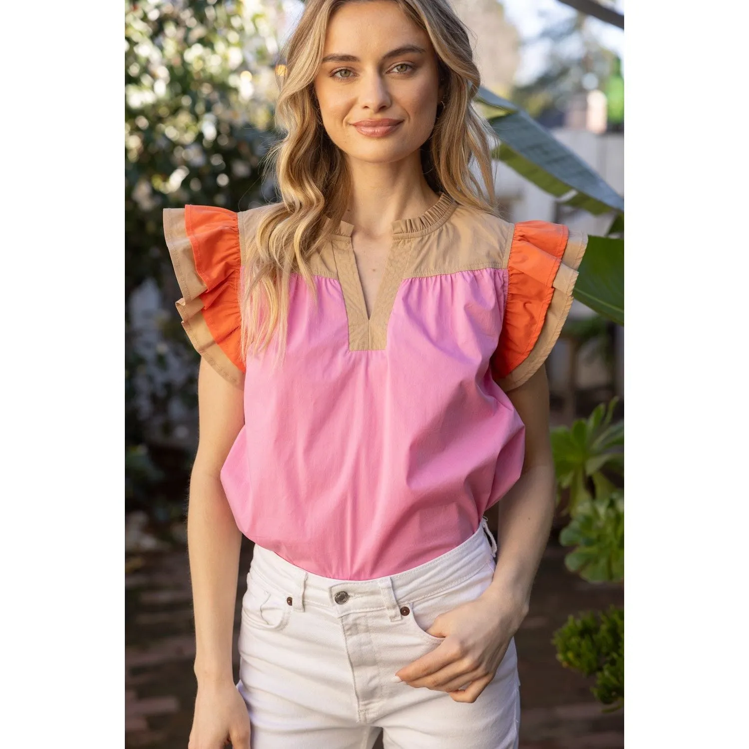 Gloria Color Block Multi Stitched Placket Poplin VOY Top-SALE