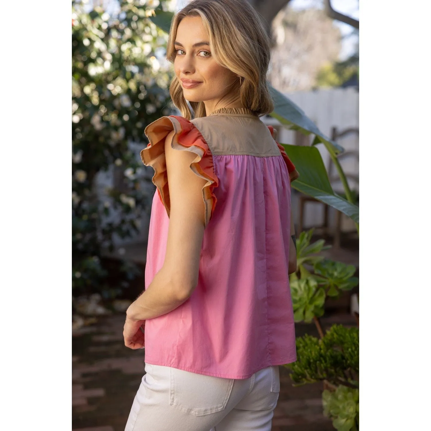 Gloria Color Block Multi Stitched Placket Poplin VOY Top-SALE