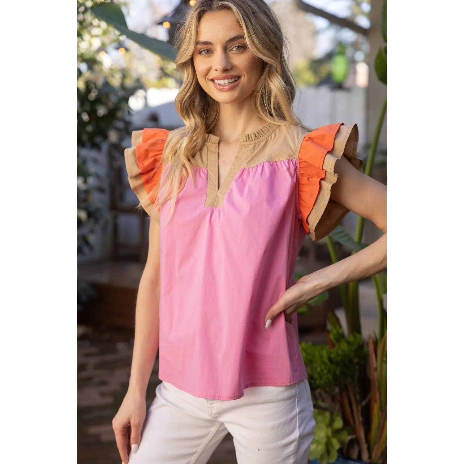 Gloria Color Block Multi Stitched Placket Poplin VOY Top-SALE