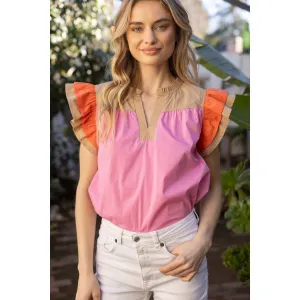 Gloria Color Block Multi Stitched Placket Poplin VOY Top-SALE