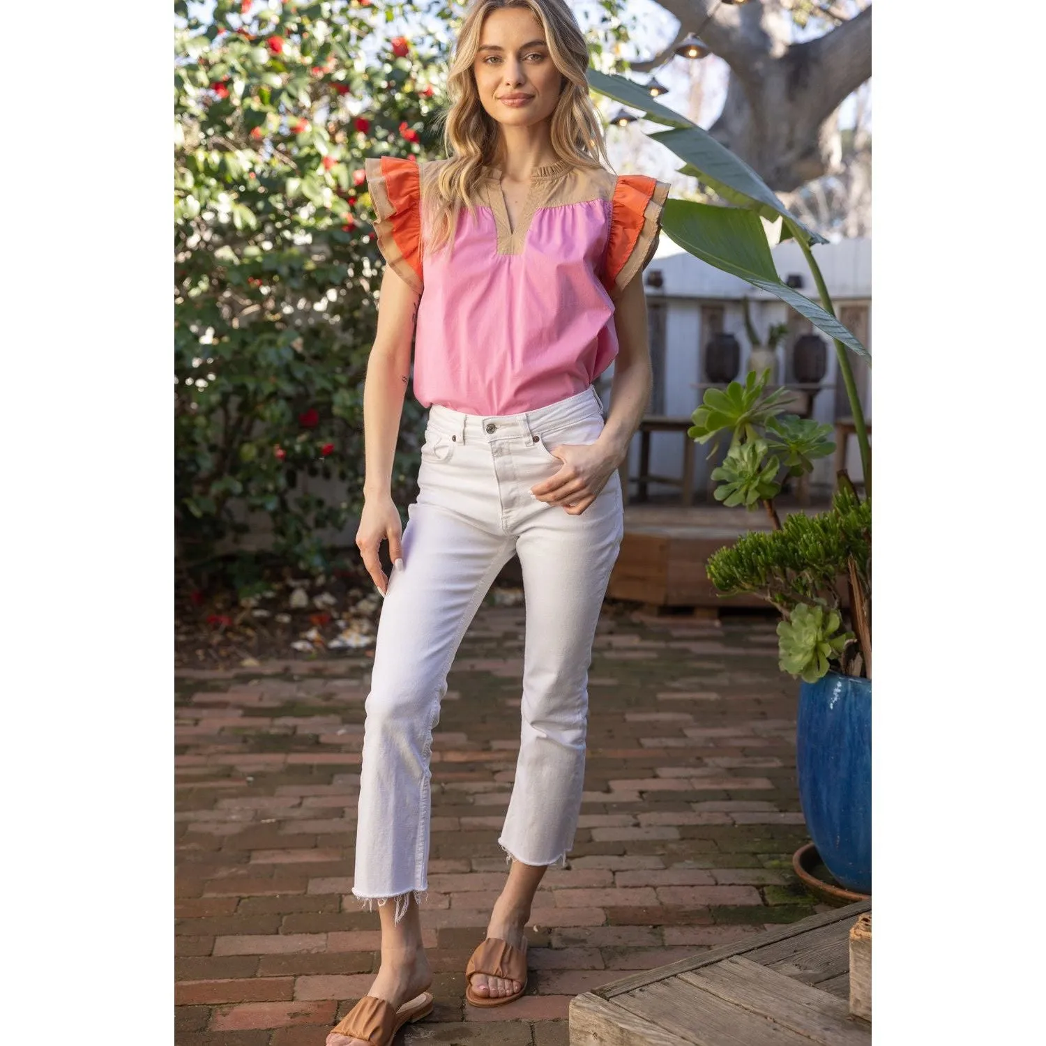 Gloria Color Block Multi Stitched Placket Poplin VOY Top-SALE