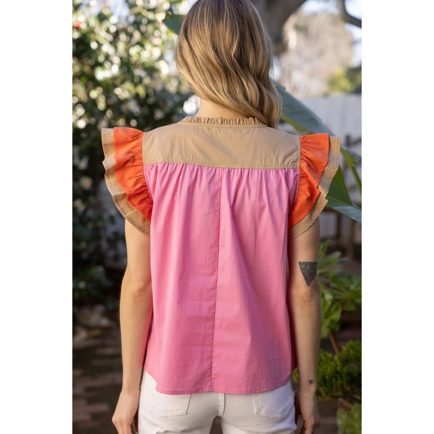 Gloria Color Block Multi Stitched Placket Poplin VOY Top-SALE