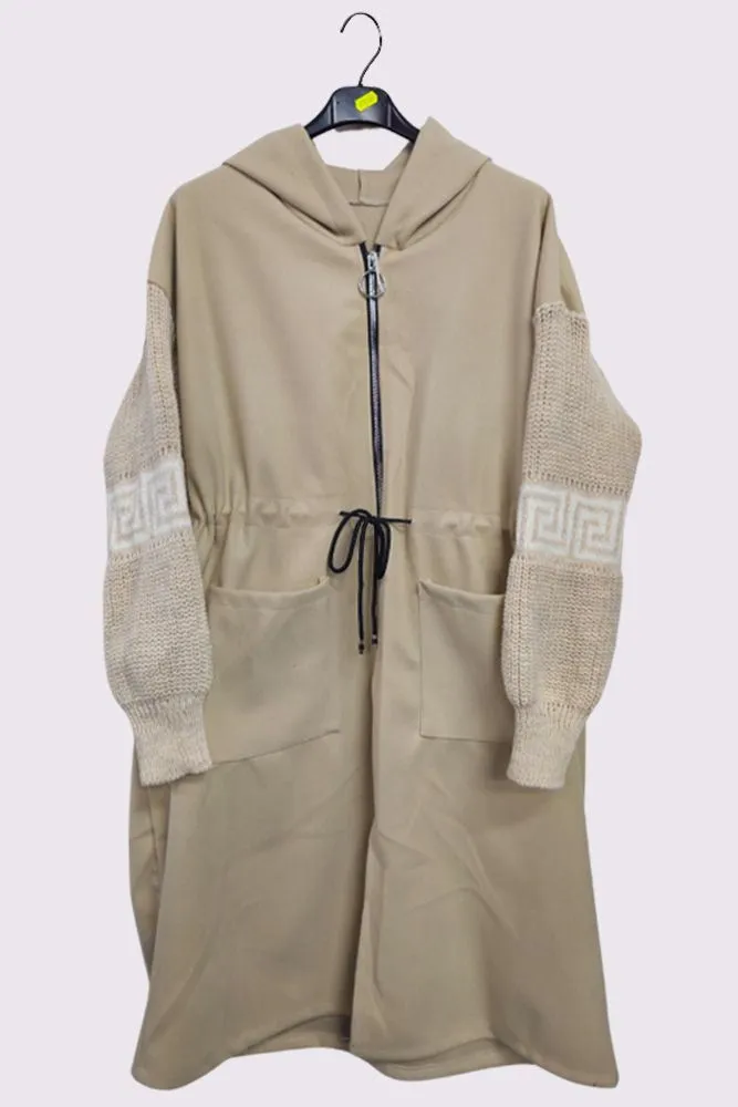 Greek Key Print Knit Sleeve Hooded Jacket