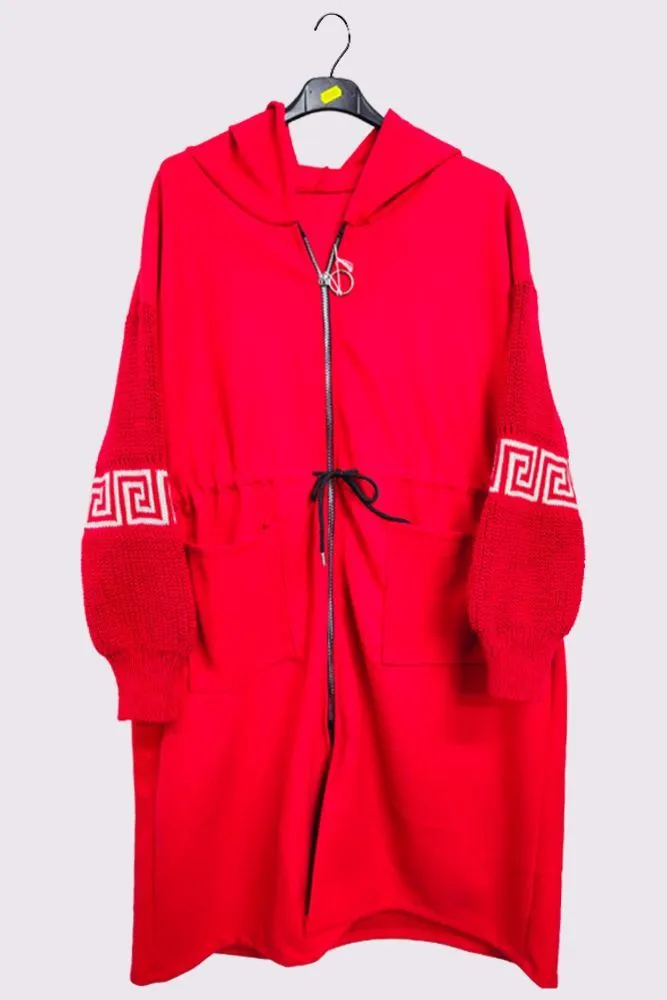 Greek Key Print Knit Sleeve Hooded Jacket