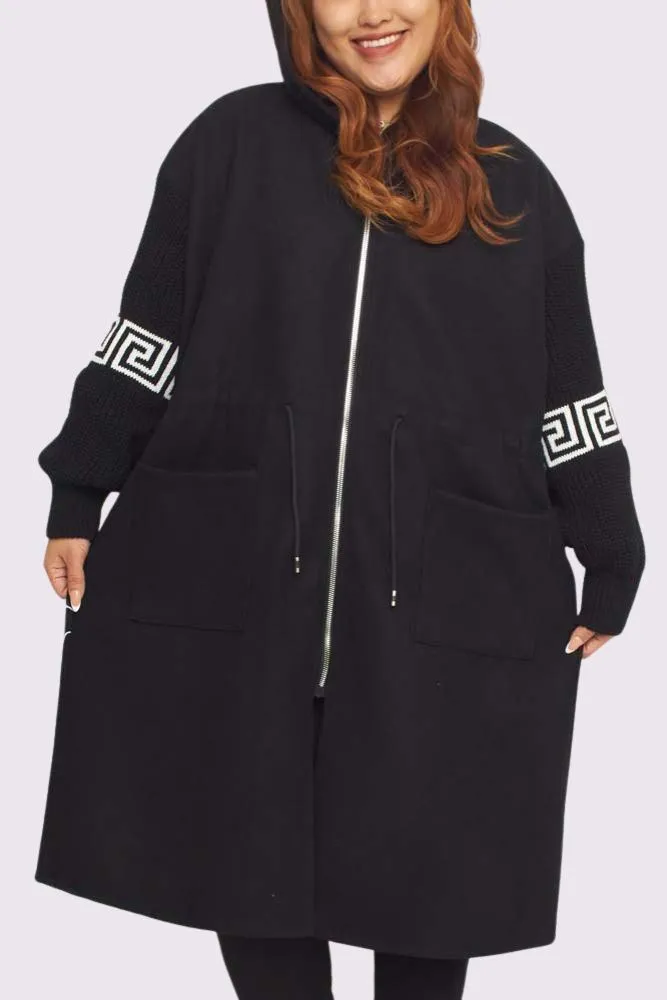 Greek Key Print Knit Sleeve Hooded Jacket