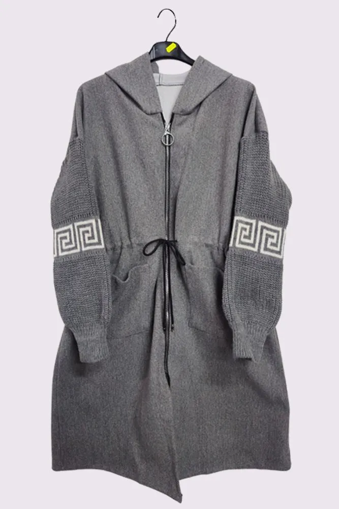 Greek Key Print Knit Sleeve Hooded Jacket