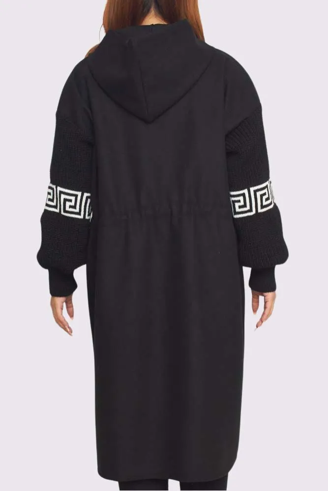 Greek Key Print Knit Sleeve Hooded Jacket