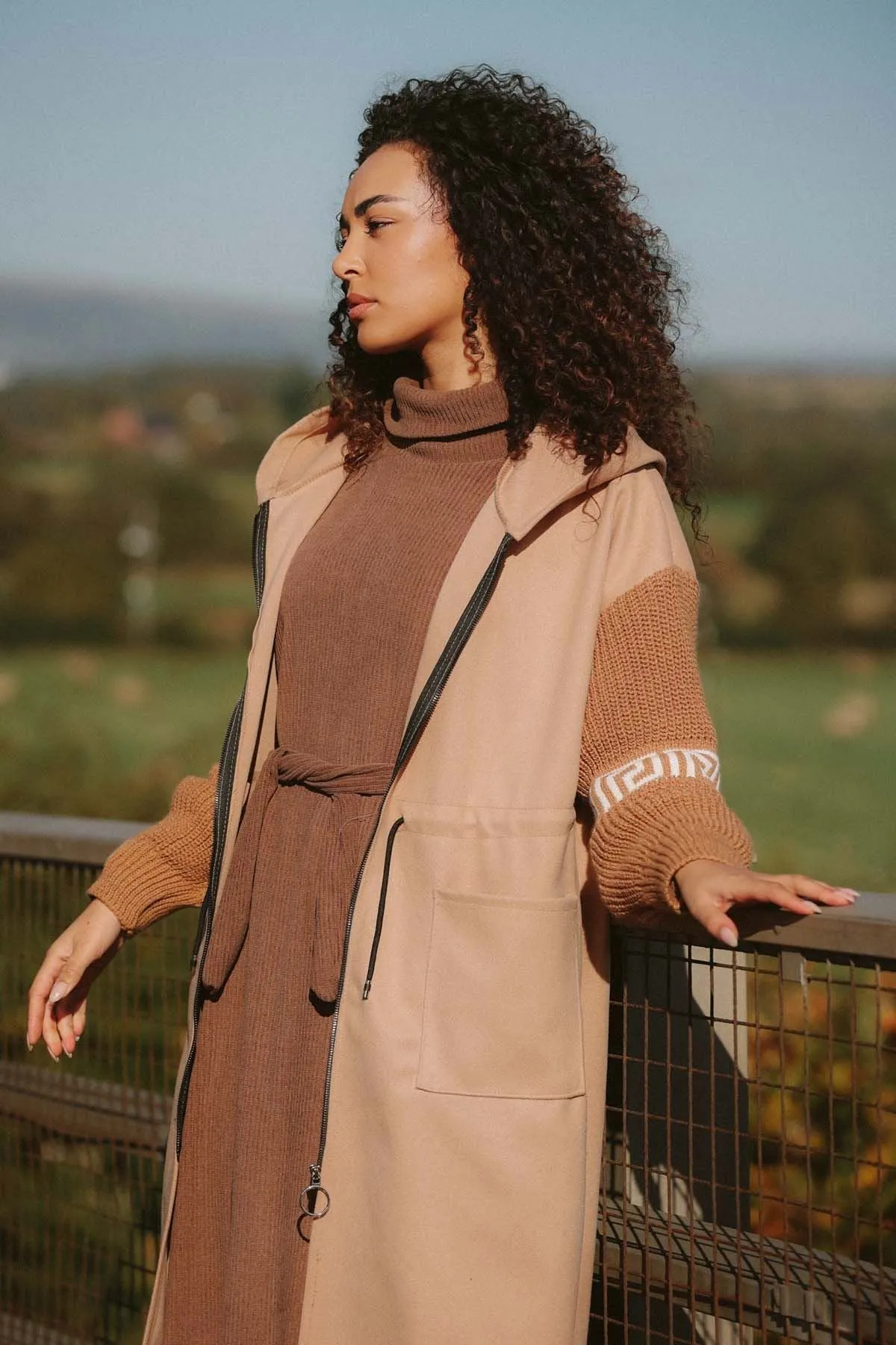 Greek Key Print Knit Sleeve Hooded Jacket