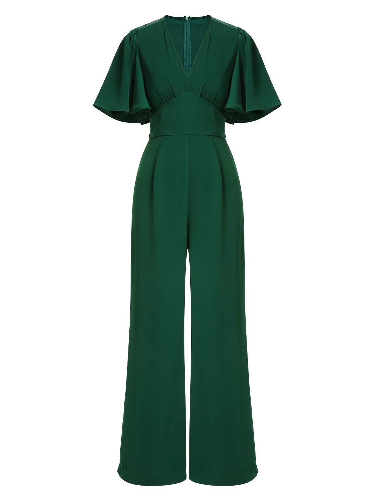 Green 1930s Solid V-Neck Jumpsuit