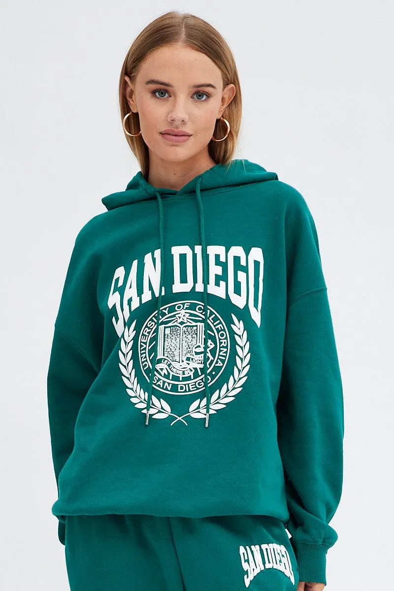 Green Graphic Hoodie Sweater Long Sleeve