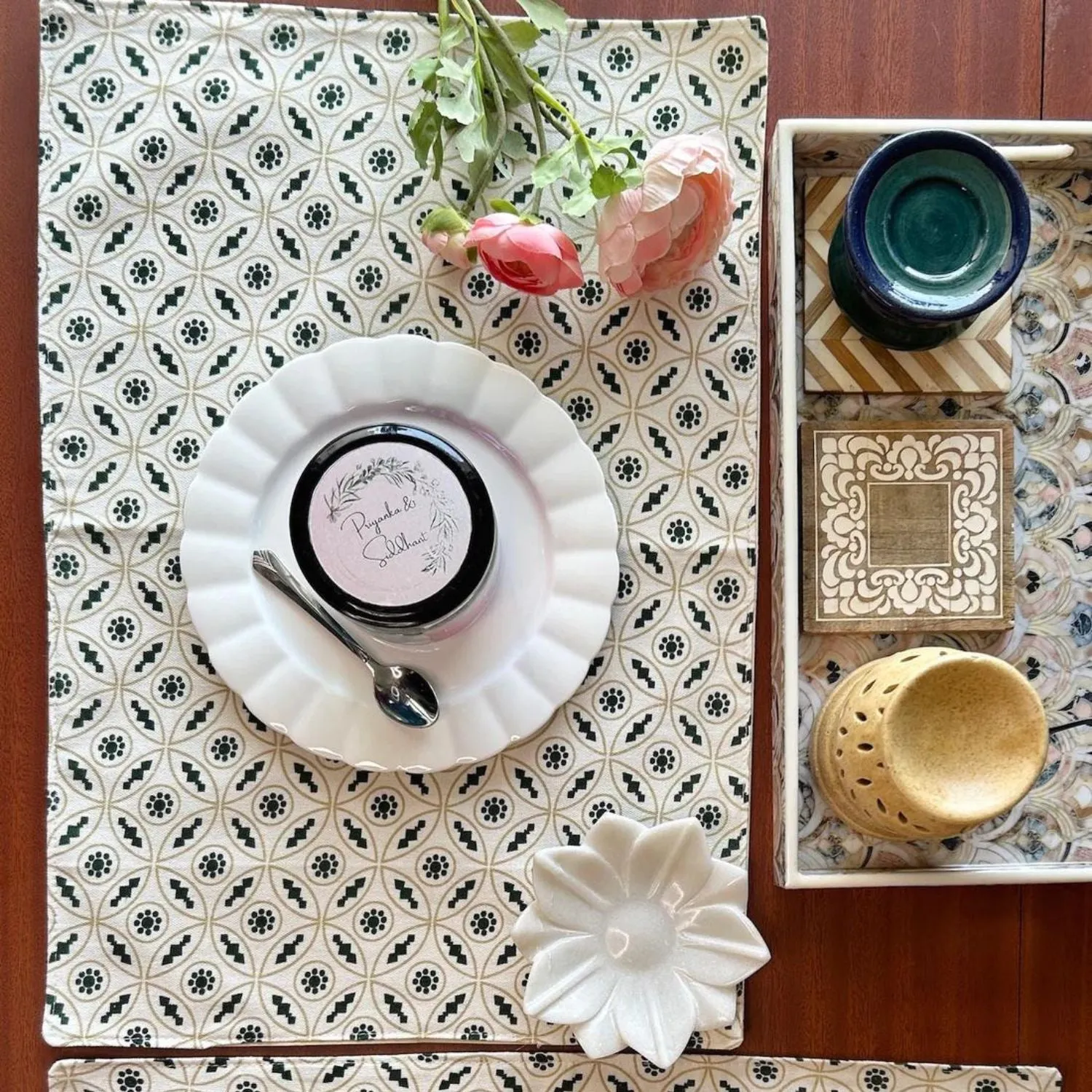 Hand Crafted Table Placemats | Bottle Green And Off-White | 12x18 Inches