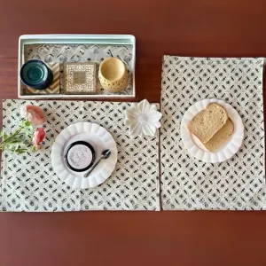 Hand Crafted Table Placemats | Bottle Green And Off-White | 12x18 Inches