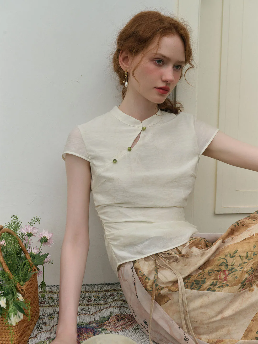 Helena Mock Neck Bamboo Leaf Pattern Print Chinese Cheongsam Style Top