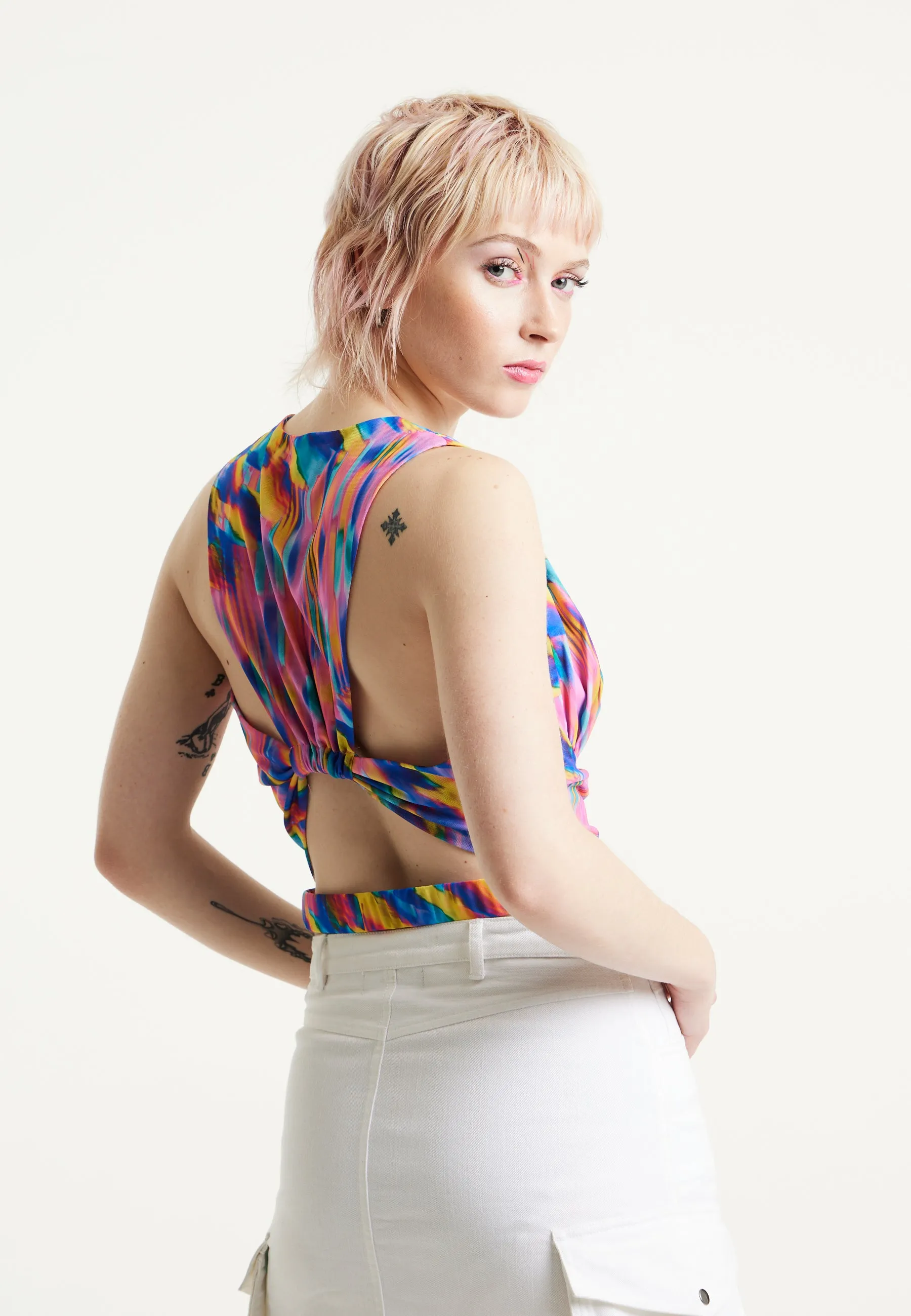House of Holland Pink Top With Multicolour Rainbow Print