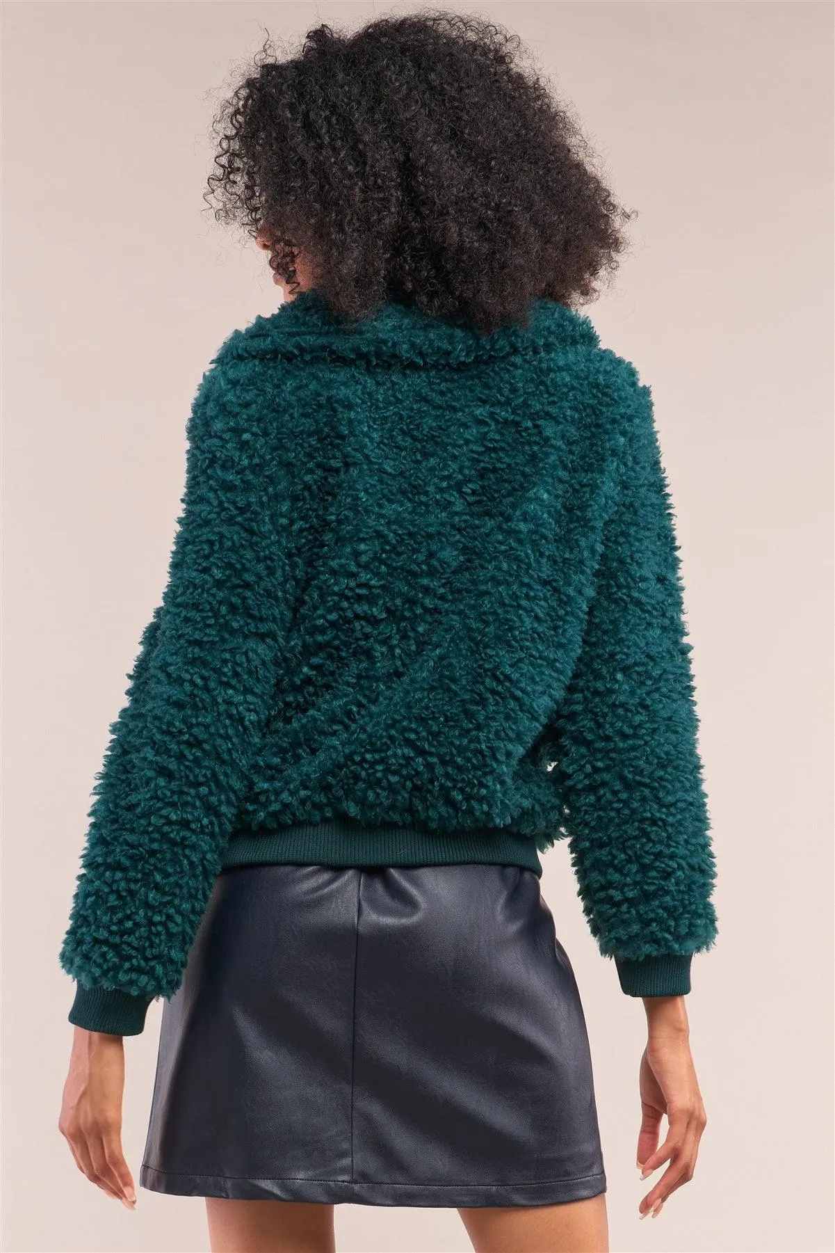 Hunter Green Long Sleeve Zip Front Faux Fur Bomber Jacket /2-2-2