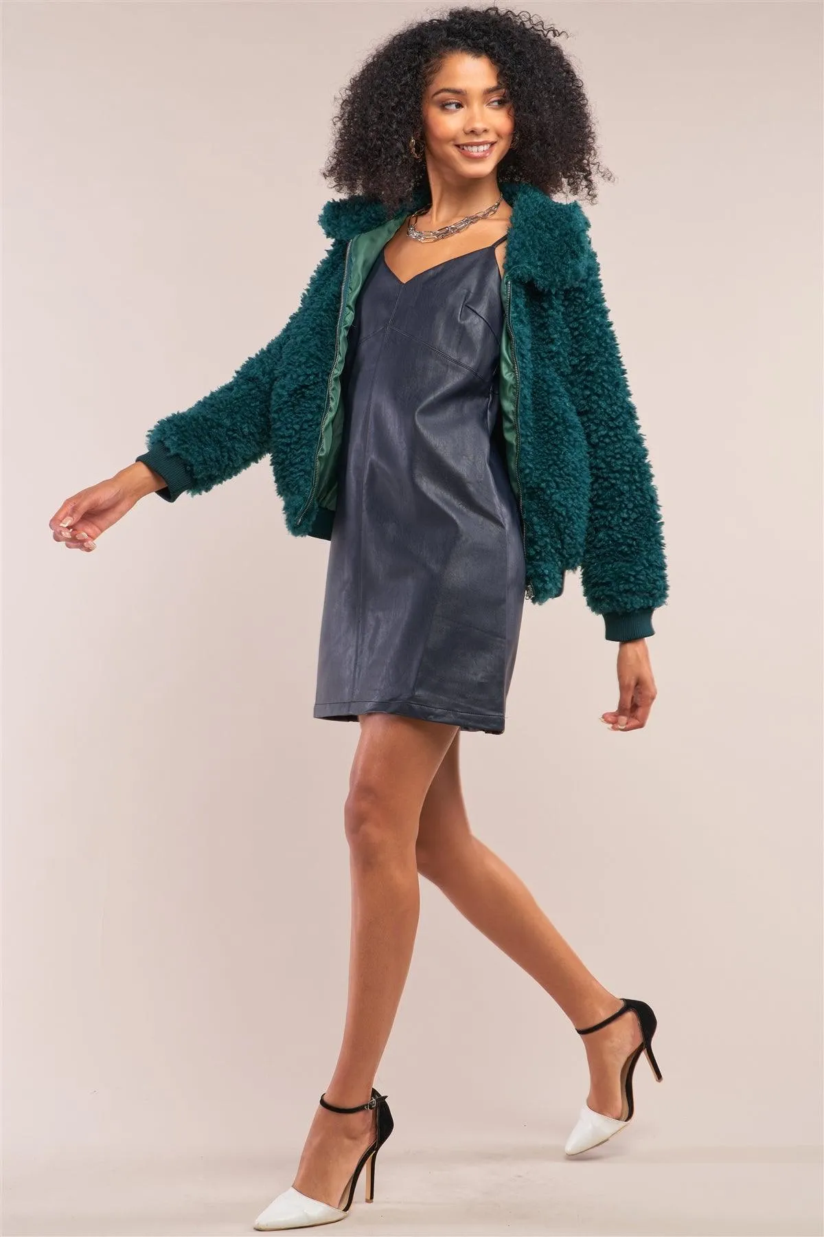 Hunter Green Long Sleeve Zip Front Faux Fur Bomber Jacket /2-2-2