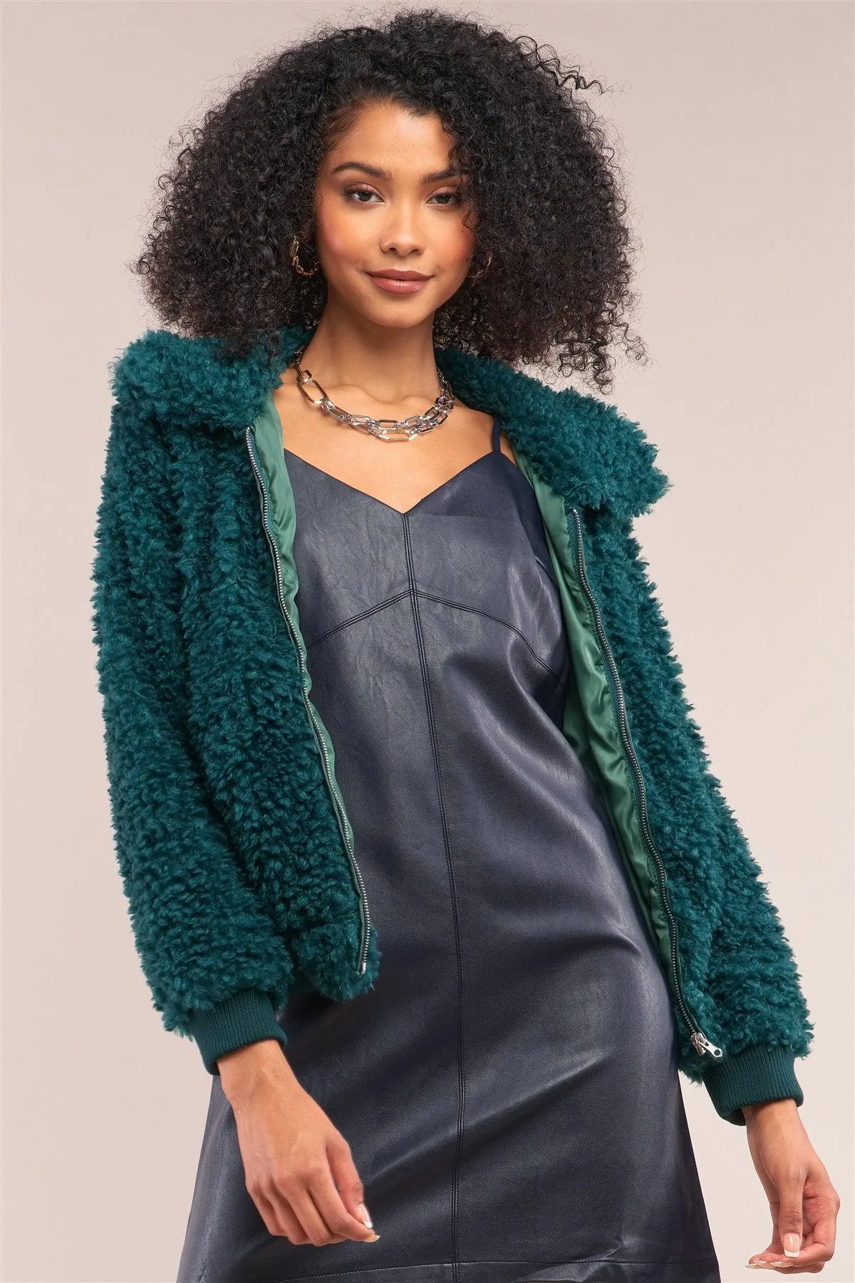 Hunter Green Long Sleeve Zip Front Faux Fur Bomber Jacket /2-2-2