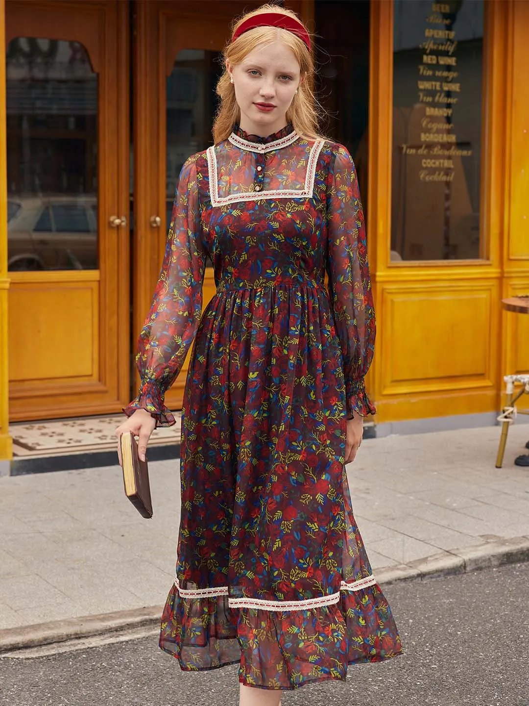 Isabel Floral Print Guipure Lace Insert Flounce Sleeve Ruffle Hem Dress