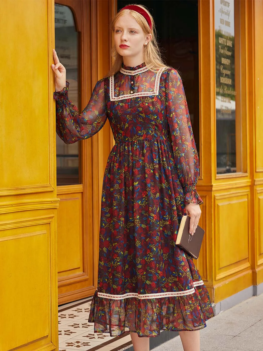 Isabel Floral Print Guipure Lace Insert Flounce Sleeve Ruffle Hem Dress
