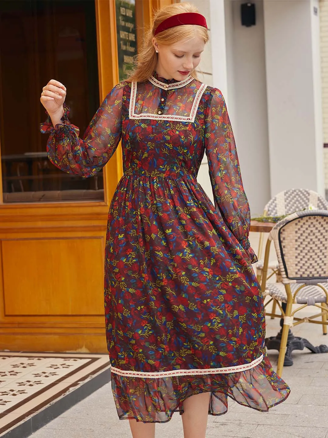 Isabel Floral Print Guipure Lace Insert Flounce Sleeve Ruffle Hem Dress