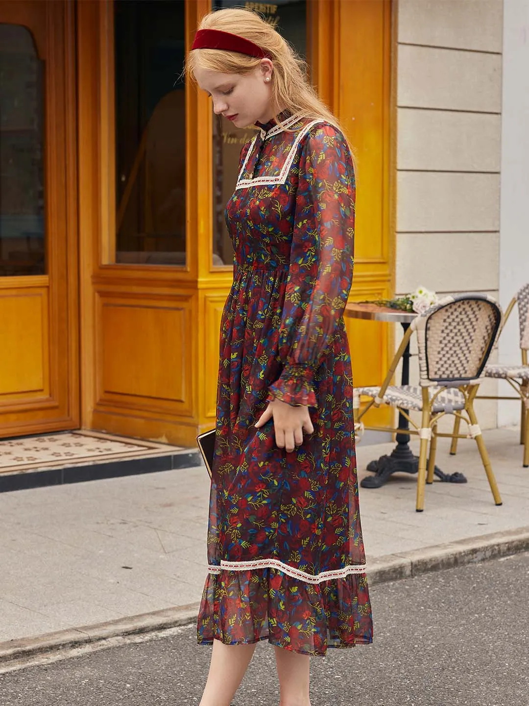 Isabel Floral Print Guipure Lace Insert Flounce Sleeve Ruffle Hem Dress