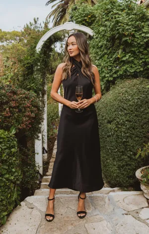 Jasmine Halter Midi Dress ~ Black Luxe Satin
