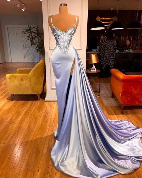 Lignt Sky Blue Satin Long prom dress Evening Gown Party Dress     fg3251
