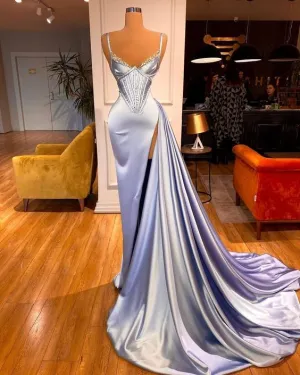 Lignt Sky Blue Satin Long prom dress Evening Gown Party Dress     fg3251