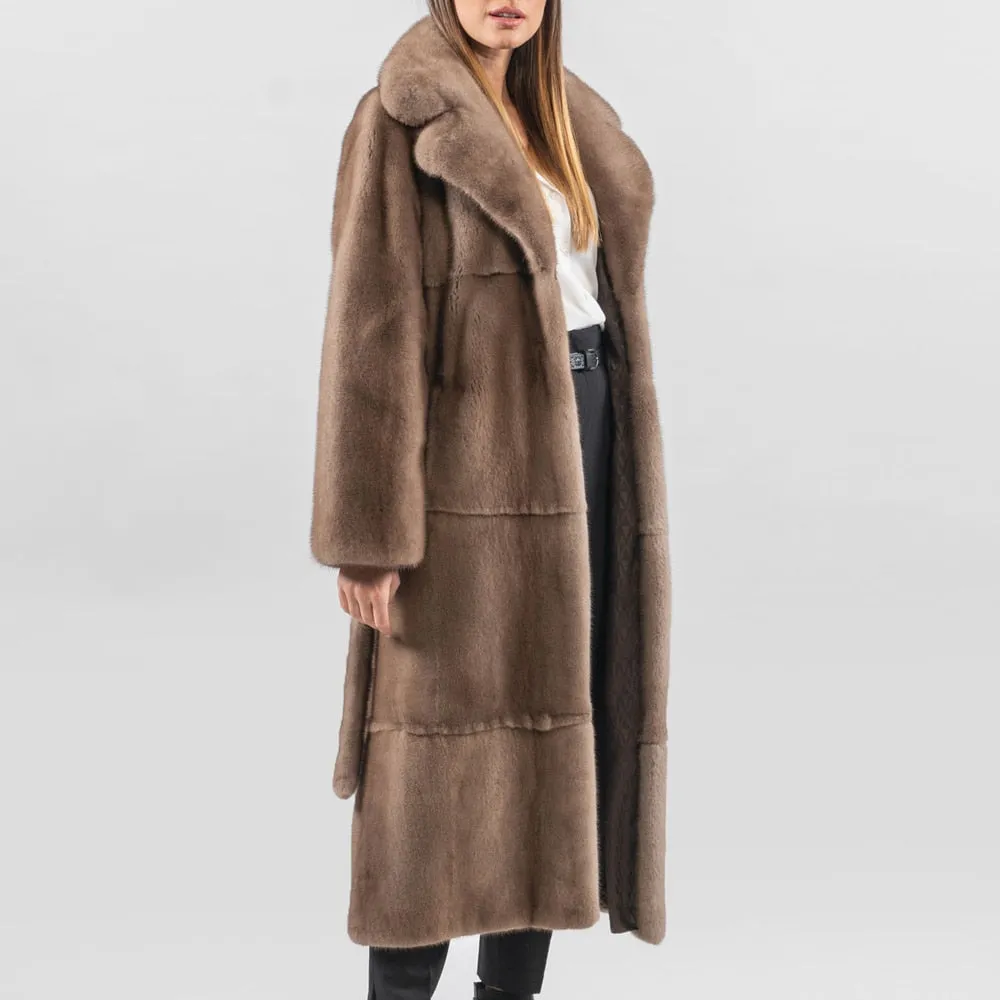 Long  Real Mink Fur Lapel Collar Fur Belt Coat