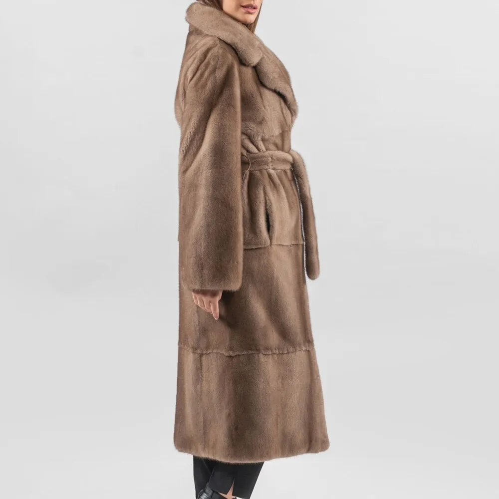 Long  Real Mink Fur Lapel Collar Fur Belt Coat