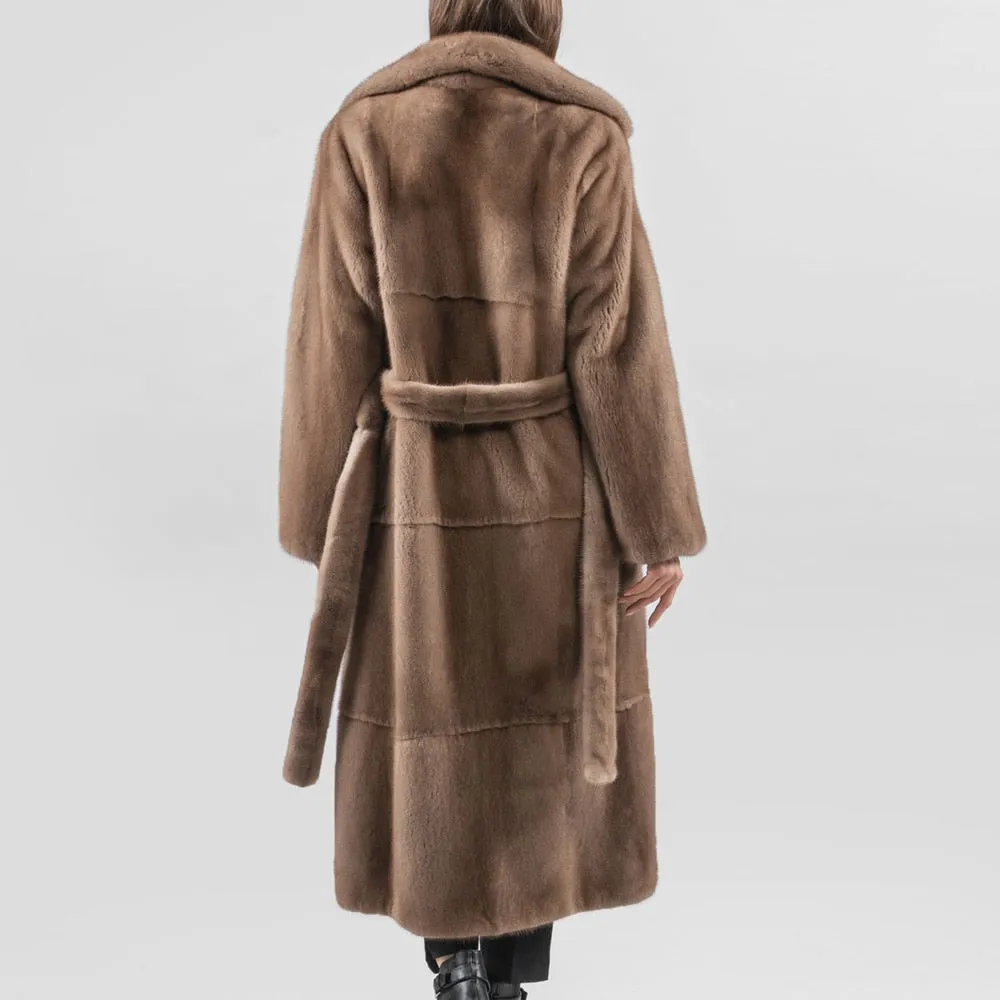 Long  Real Mink Fur Lapel Collar Fur Belt Coat