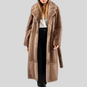Long  Real Mink Fur Lapel Collar Fur Belt Coat