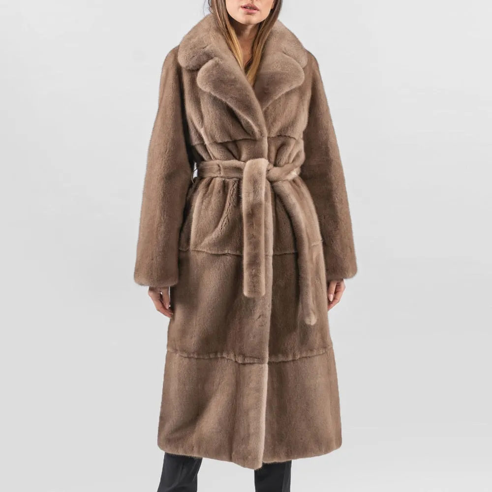 Long  Real Mink Fur Lapel Collar Fur Belt Coat