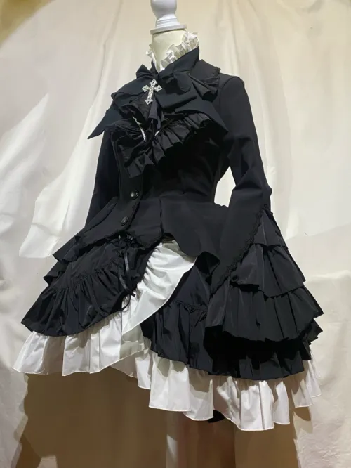 【MARBLE】マーブル　編み上げ巻きフリルスカート：黒×白