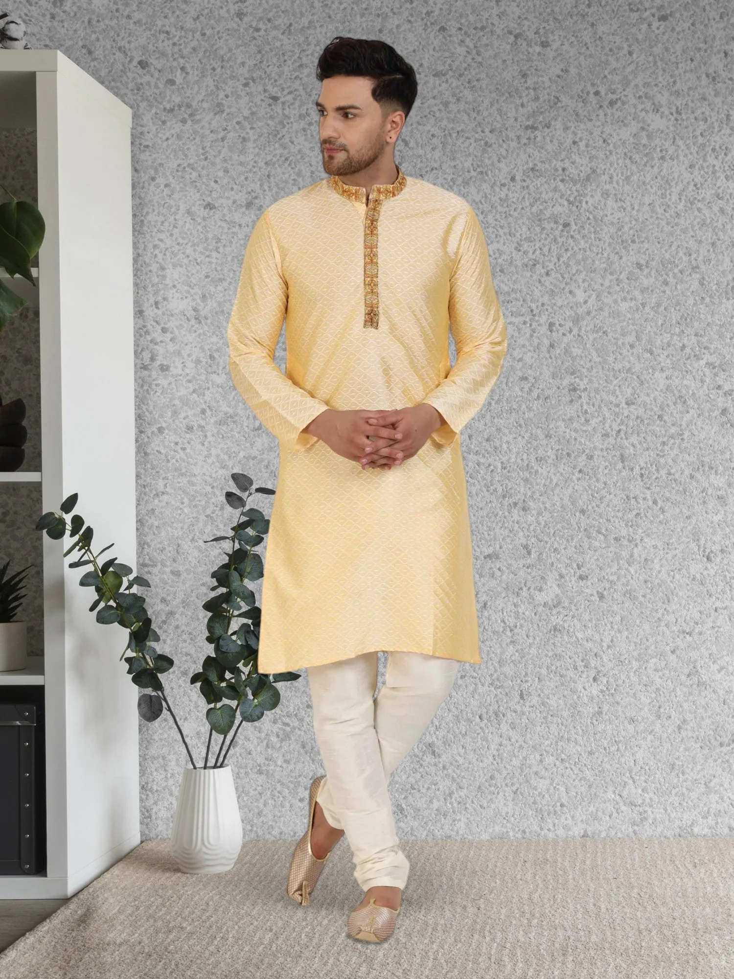 Men's Art Silk Kurta Pajama Indian Traditional Wedding Party Festive Season Dress Set Beige