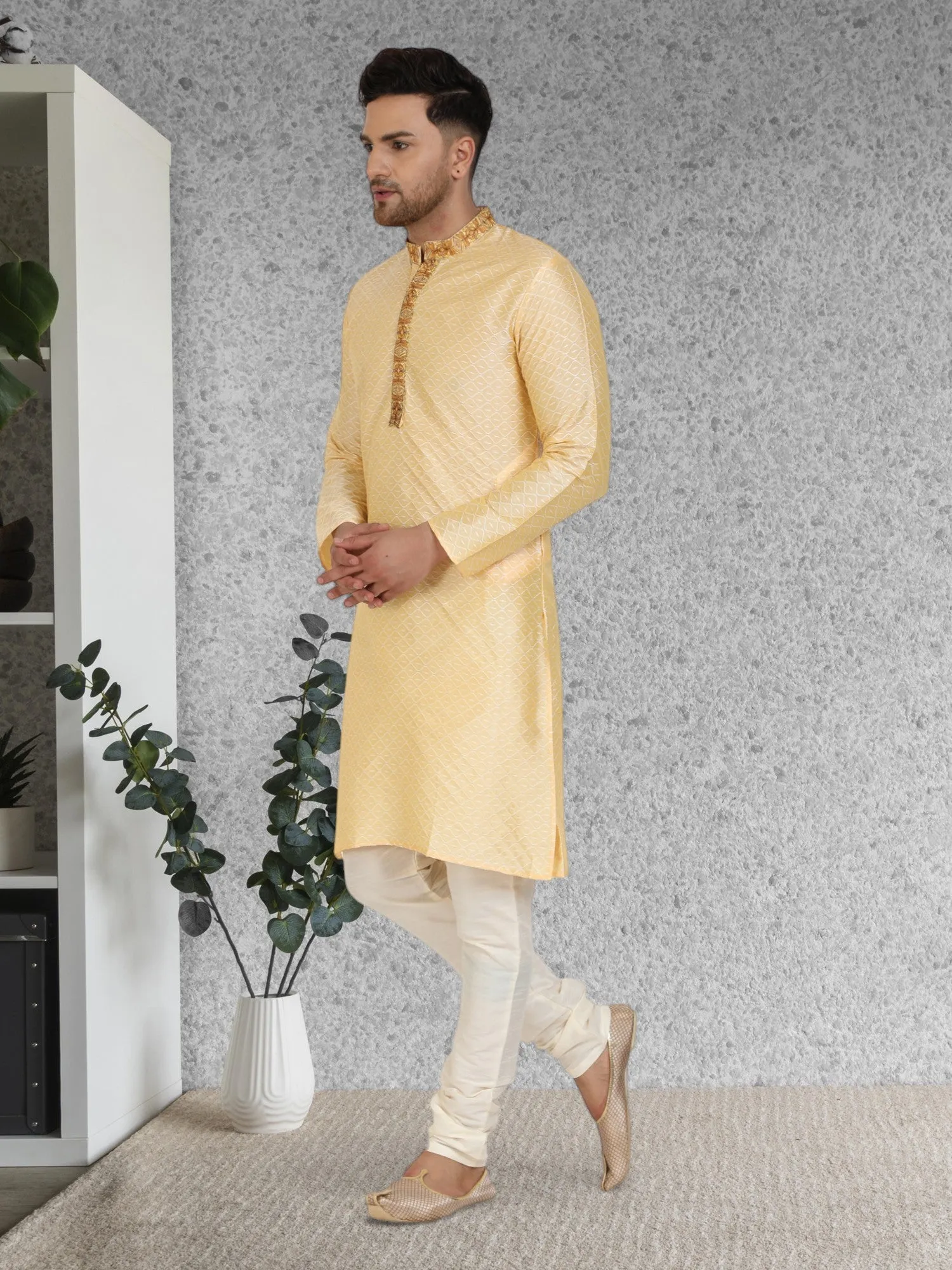 Men's Art Silk Kurta Pajama Indian Traditional Wedding Party Festive Season Dress Set Beige