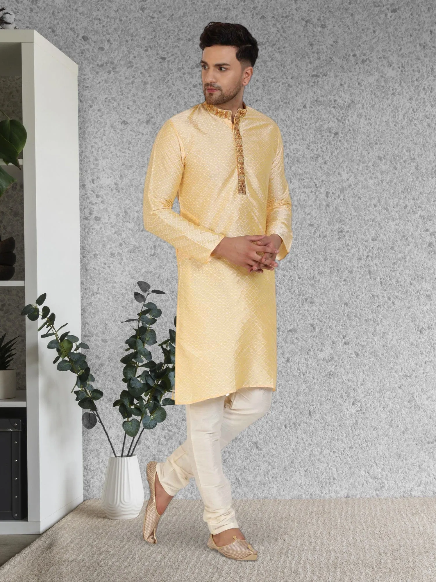 Men's Art Silk Kurta Pajama Indian Traditional Wedding Party Festive Season Dress Set Beige