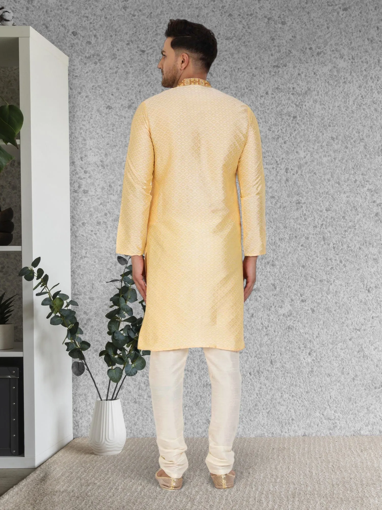 Men's Art Silk Kurta Pajama Indian Traditional Wedding Party Festive Season Dress Set Beige