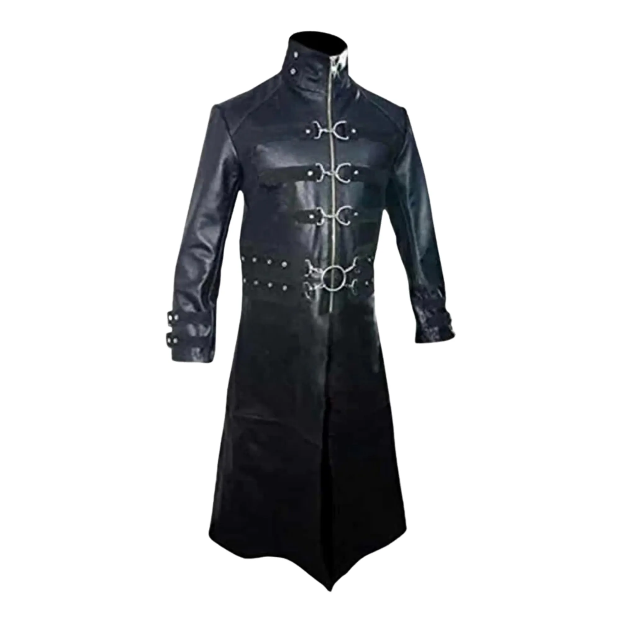 Mens Gothic Black Leather Long Coat