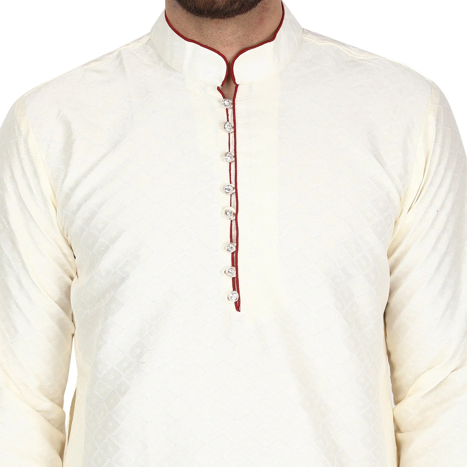 Men's Indian Art Silk Kurta Pajama Wedding Party Festive Season Dress Set Offwhite