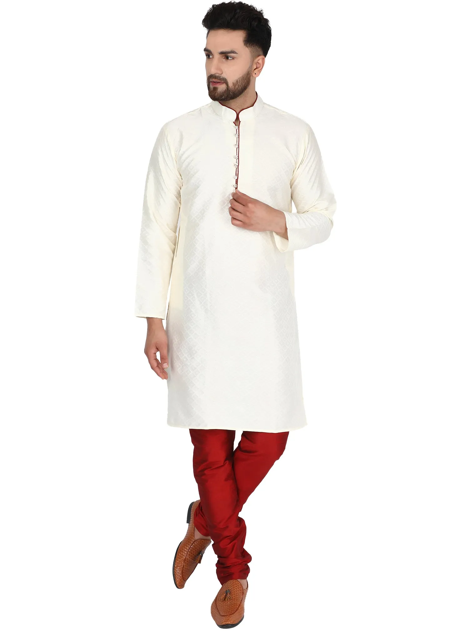 Men's Indian Art Silk Kurta Pajama Wedding Party Festive Season Dress Set Offwhite