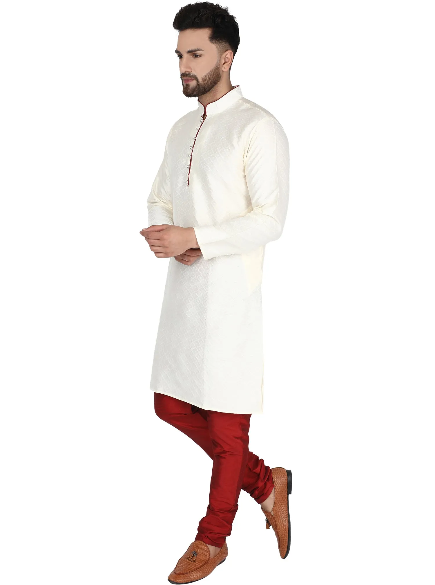 Men's Indian Art Silk Kurta Pajama Wedding Party Festive Season Dress Set Offwhite