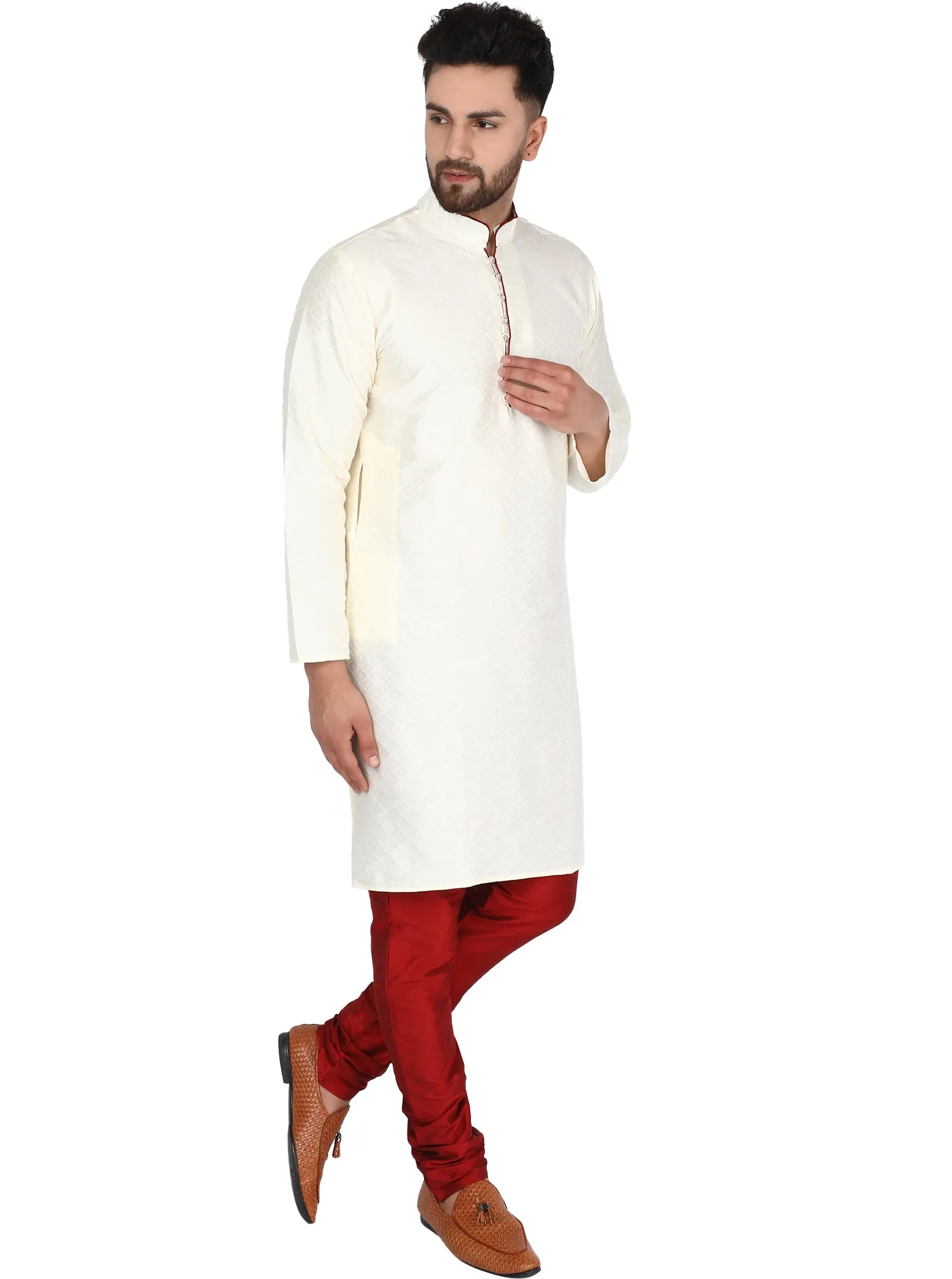 Men's Indian Art Silk Kurta Pajama Wedding Party Festive Season Dress Set Offwhite