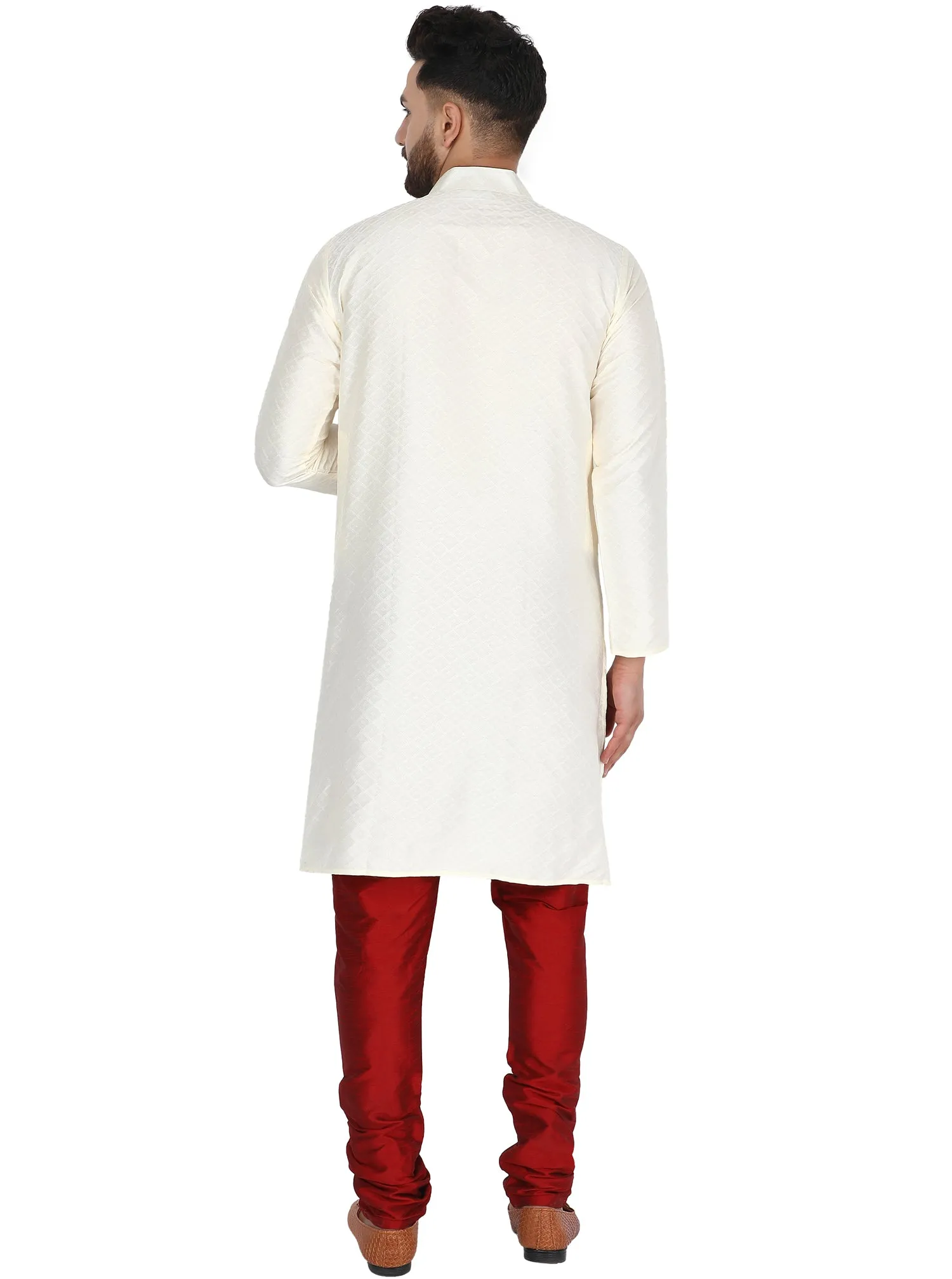 Men's Indian Art Silk Kurta Pajama Wedding Party Festive Season Dress Set Offwhite